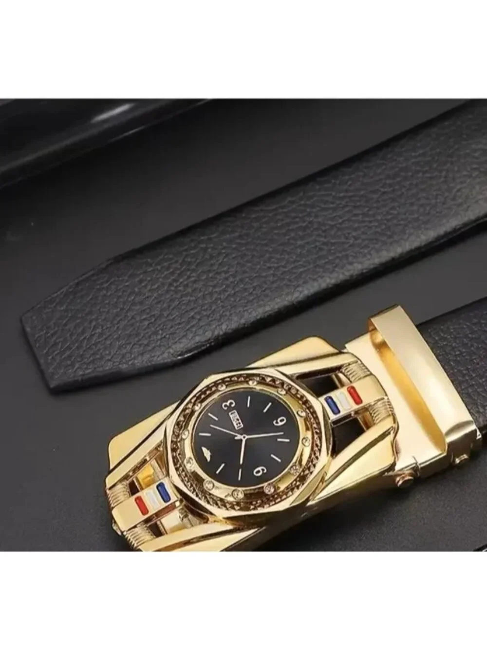 Elegant Fashion Men Belt Iron Gold Buckle PU Leather Black Length 50 in
